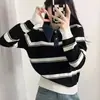 Camada base feminina listrada color block, suéter de malha com gola, manga longa, outono/inverno, blusa de malha com gola, manga longa, tendência