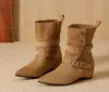 ~Botas de vaquero occidentales para mujer, botines retro de doble uso con cierre de botón y hebilla, tacón grueso, botines cortos de gamuza, botas de pradera