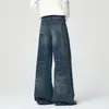 Calça jeans larga lavada e desgastada para homens, estilo de rua punk, jeans casual estilo pai, esfregada à mão, calça comprida reta solta