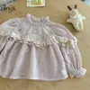 Camiseta de Algodão Manga Longa Menina Limão Mangas Bufantes Bordado de Renda Estilosa Infantil Menina Bud Top Primavera Outono