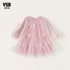 Roupas Infantis Yingsibo Vestido para Meninas Vestido de Início de Outono Vestido de Princesa Infantil Vestido de Gaze Rosa com Laço Manga Longa