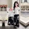 2026 Nuevo Top Polo de Manga Corta con Bloques de Color Estilo Coreano de Verano con Lazo de Encaje Pantalones Casuales de Pierna Ancha Conjunto de Dos Piezas