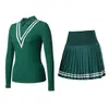 Traje Deportivo para Mujer Traje de Tenis Otoño e Invierno Transpirable de Secado Rápido Traje de Golf Yoga Falda Corta Solapa Manga Larga Conjunto de Dos Piezas