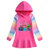 2023 Primavera y otoño nuevo vestido de algodón con dibujos animados de arcoíris para niñas, suéter con capucha de manga larga para niños, vestido de princesa