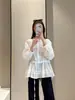 ¡Zedaijiai 100% algodón! Camisa de estilo coreano, reductora de edad, con volantes en el borde, patchwork, cuello redondo, cintura con cordón, corte holgado para mujer