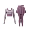 Conjunto Deportivo Casual de Yoga para Mujer Falso Dos Piezas Cuello Redondo Manga Larga Shorts de Cintura Alta Secado Rápido Transpirable Entrenamiento de Fitness Versátil
