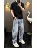 Jeans lavados de mezclilla azul, corte slim, dobladillo curvo para hombre, estilo fino de verano, estilo americano, pantalones elegantes y de alta gama, pantalones de trabajo Xintang