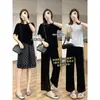 Alta qualidade! Terno de acetato finíssimo de verão, amor verdadeiro, emagrecedor, fresco, calça de 9 pontos, camiseta de renda de manga curta H070303