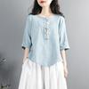 Estilo Literário Chinoiserie Top Retrô com Botões Verão Feminino Roupas de Chá Zen Chinesas Camisa de Algodão e Linho de Manga Curta Estilo Étnico