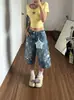 Jeans de Mezclilla Estampados Patchwork con Forma de Estrella Retro Americano para Mujer, Verano Ajuste Holgado, Adelgazantes de Calle Rectos de Pierna Ancha Acortados