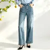 Directo del fabricante, nuevos pantalones vaqueros casuales de pierna ancha con patchwork diagonal tridimensional para mujer, holgados y elegantes con un brillo verde, de largo hasta el suelo