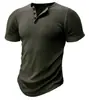 Camiseta atlética de manga corta ajustada para hombre, ajuste muscular, comercio exterior, fitness, acanalada elástica, ajustada, color liso, estilo americano Henley