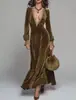 2026 Transfronterizo Europeo y Americano para Mujer Vestido de Estilo Nuevo Otoño e Invierno Retro Francés Temperamento Cuello en V Cintura ceñida Manga Larga Falda Larga Lujo Ligero