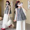 Nuevo Conjunto de Maternidad de Verano 2026 Estilo Coreano Cuadros Top de Maternidad Pantalones de Pierna Ancha Manga Corta