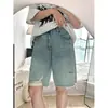 Shorts de Mezclilla Rasgados para Mujer, Estilo Veraniego Delgado, Tallas Grandes, Cintura Alta, Corte Holgado, Adelgazante, Pierna Recta, Pierna Ancha, de Longitud Media, Modernos