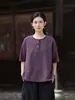 Blusa de Ráfia com Gola Redonda Estilo Chinês Ramie 2026 Verão Nova Retro Costura Artística Color-Blocking Botão Manga Curta Camiseta