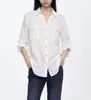 Camisa Casual Relaxada de Manga Longa com Bolso em Mistura de Linho-Liocel, Gola Reversível, Modelagem Solta para Trabalho