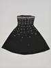 Vestido Preto Resistente com Strass Sem Alças Ombro a Ombro Bandagem Curto Vestido para Encontro Vestido Longo Evasê para Mulheres
