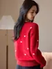 Nuevo Suéter de Lana 100% Pura Rojo Cuello Redondo Corazón Otoño e Invierno 2025 Estilo Coreano Elegante Suelto de Cachemira para Mujer