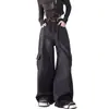 Calça jeans de trabalho preta estilo americano de perna larga para mulheres, nova coleção outono 2026, design de cintura alta estilo coreano, calça reta solta