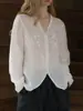 Blusa de Encaje Transparente con Bordado Francés de Lino 100% Cuello en V 2026Ss