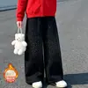 Conjunto de Moletom com Capuz Espesso e Pelúcia para Meninas Outono e Inverno Conjunto de Duas Peças Calça Larga Vermelha e Preta Para Crianças de Meia-Idade e Mais Velhas Estiloso Tendência