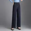 Jeans feminino azul escuro reto de perna larga, moderno e simples, novo estilo outono 2026, emagrecimento e elegante, calça casual cropped