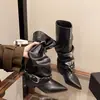 Botas Empilhadas Franzidas Bico Fino Estilo Coreano 2026 para Mulheres Aumentadoras de Altura Fivela de Couro Panturrilha Larga Botas Longas Salto Baixo Salto Bloco Botas de Equitação