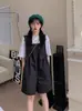 Overol Rosa de Cinco Puntos de Cintura Alta Reductor de Edad para Niñas, Estilo Coreano Holgado Casual Ropa de Trabajo Tirantes, Mono