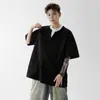 Llegada Nueva Verano 2025 Camiseta de Manga Corta con Cuello en V Waffled Falsa de Dos Piezas para Hombre Moda Suelta Casual Camiseta de Manga Corta para Hombre