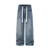 Jeans Americano Retrô Lavado para Homens e Mulheres, Calça Reta Elástica, Caimento Solto, Cintura Elástica, Unissex, Jeans de Perna Larga Fluido
