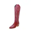 Botas de cano alto plus size para outono e inverno, botas western de salto alto bico fino transfronteiriças para mulheres, cor sólida bordada, versátil, sola de borracha, design slip-on antiderrapante