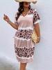 En stock Primavera y Verano Transfronterizo Europeo y Americano Tallas Grandes Estampado de Leopardo Manga Corta Casual Moda Cuello en V Jumpsuit Pijama para Mujer