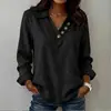 Camiseta de manga larga para mujer 2026, nueva, holgada, con cuello en V, botones, retazos, en colores lisos, para uso casual y de trabajo