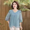 Conjunto de camiseta de verano para mamá, conjunto de camiseta de manga corta de dos piezas simuladas, nuevo diseño elegante 2026, top holgado con cuello en V para mujeres de mediana edad y mayores