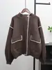 Cárdigan de Lana de Punto de Doble Cara con Cuello Alto de Color Contrastante 2025 Nuevo Diseño Otoño e Invierno Estilo Coreano Suéter Holgado tipo Chaqueta para Mujer