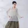 Estilo Nacional Encanto Antiguo Disfraz de Baile Camisa de Encaje para Mujer Camisa de Manga Larga con Solapa Top Moderno Clásico de Moda para Práctica de Baile