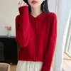 Cardigan de Punto Nuevo Otoño/Invierno 2026 Cuello Polo Lana Pura Manga Larga Crochet Hueco Color Sólido Suéter de Lana