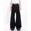 Design retrô americano, com contorno distinto e costura decorativa, calça jeans preta, estilo high-street, modelagem solta, perna larga, perna reta, calça longa