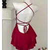 Vestido Rojo Elegante de Alta Gama Estilo Francés con Tirantes Finos Domi, Uniforme Sexy sin Espalda para Citas Camisón para Mujer
