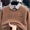 Camisa Masculina com Gola de Camisa, Veludo de Furão, Falsa Peça Dupla, Suéter com Forro de Lã, Espessado, Camisa de Base Quente Outono e Inverno com Top Interno