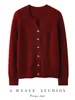 Cardigã 100% caxemira pura para mulheres, outono/inverno, estilo relaxed, gola redonda, gola V, cor sólida, peça de tricô para usar por cima, suéter vermelho vintage