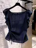 Top de moda estilo francés de manga corta para mujer, nuevo modelo de verano 2026, azul marino con volantes, botones y lazos, de alta gama