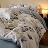 Conjunto de Quatro Peças Espesso Escovado 100% Algodão Puro Estilo Ins de Luxo Leve Lençol com Elástico 100% Algodão Capa de Edredom Conjunto de Cama Floral de Três Peças 4