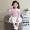 Conjunto de Chal con Lazo Estilo Coreano para Niñas Estilo Primavera/Otoño 2026 Nuevo Conjunto de Dos Piezas de Moda Infantil Elegante para Niñas Pequeñas