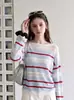 Suéter de Tricô Listrado Vazado em Cores Contrastantes Estilo Coreano para Mulheres, Top Casual Preguiçoso Solto para Início do Outono com Manga Longa