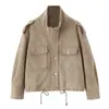 Roupas Femininas Europeias Americanas Retrô Pele de Veado Falsa Roupa de Trabalho Gola Alta Ombreiras Bolsos Grandes Bainha com Cordão Jaqueta Cropped Outerwear
