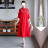 Sudeste Asiático Transfronterizo Primavera y Otoño Talla Grande Suelto Elegante Casual Estilo Occidental Reductor de Edad Algodón y Lino Bordado Vestido Midi