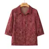 El atuendo de primavera de la abuela: Conjunto de Top Transpirable Holgado de Talla Grande para Mujeres de Mediana Edad y Mayores, Camisa con Solapa Estampada y Mangas Tres Cuartos