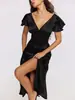 Vestido midi de gola V com mangas tipo sino para mulheres, acabamento em renda, laço no peito, cintura marcada, barra em cauda de peixe, vestido longo